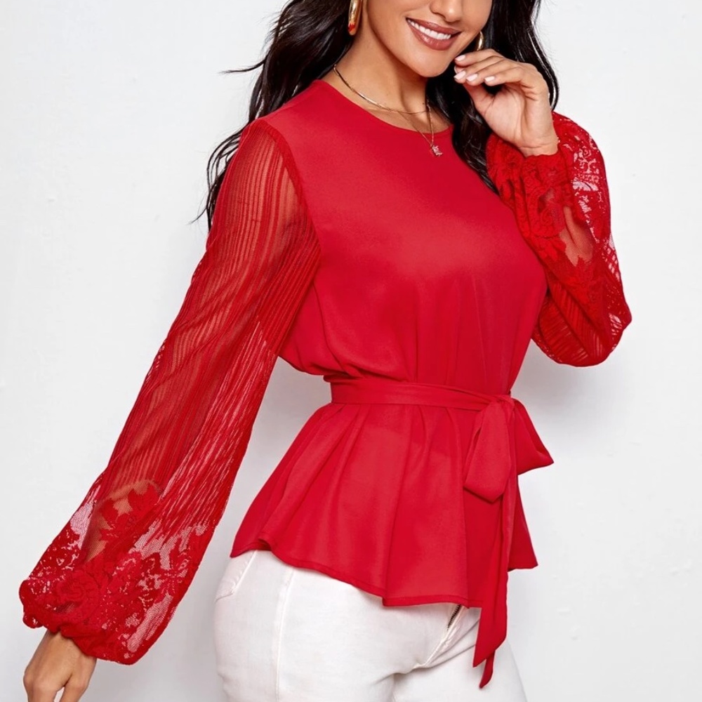 Boho Floral Sheer Sleeve Belted Blouse - Picture 6 of 9